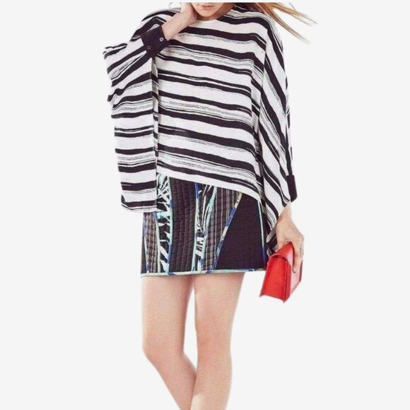 BCBGMAXAZRIA Cordelia Oversized Drape Blouse, Black White Ecru Stripe| Size M/L - Picture 1 of 9